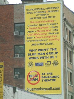Blue Man Boycott banner - Yonge St